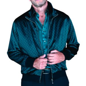 Bomber su misura in seta, fantasia geometrica, fodera paisley in tono, fatto a mano in Italia