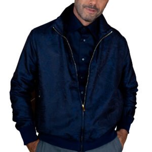 Bomber in tintofilo di seta blu, motivo paisley, fatto a mano in Italia