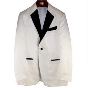 Lussuoso blazer in seta bianca, stampa nido d’ape, dettagli neri a contrasto, fatto a mano in Italia.