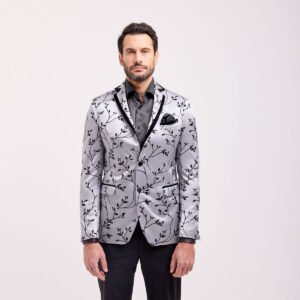 Blazer sartoriale da uomo con profili a contrasto e dettagli in velluto floreale, vestibilità Drop 5, 100% Made in Italy