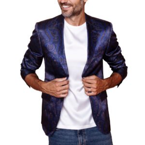 Giacca blazer classica in seta blu, fantasia paisley, rever a specchio, realizzata a mano in Italia
