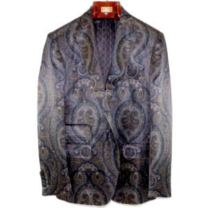 Giacca blazer classica in seta blu e marrone, fantasia paisley, rever a specchio, realizzata a mano in Italia
