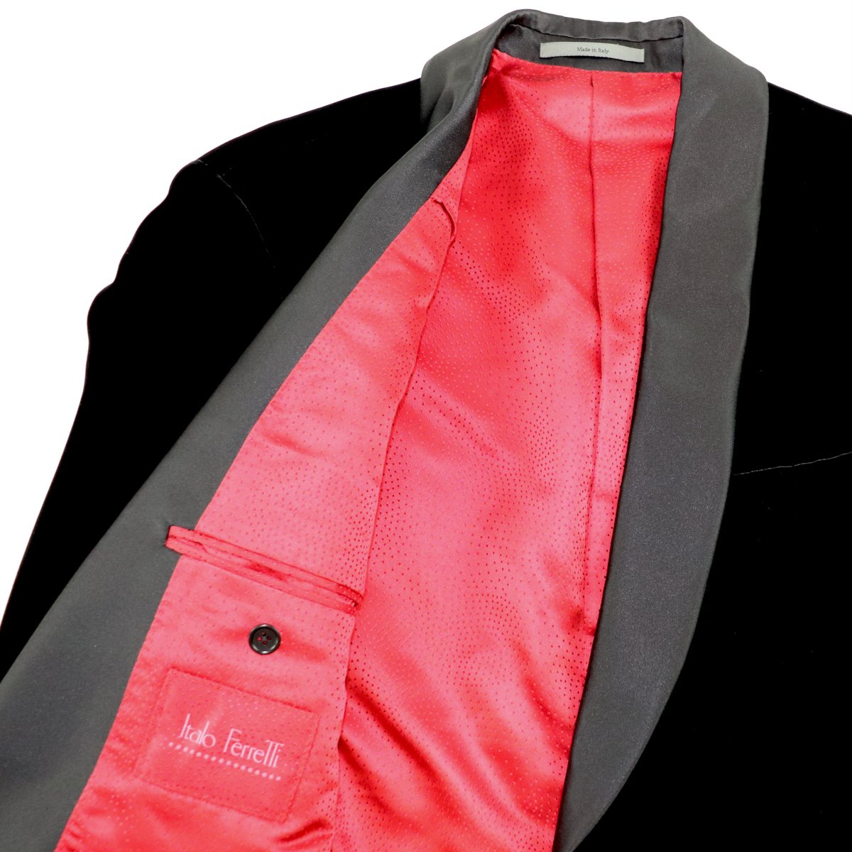 Blazer in velluto nero, revers sciallato in seta e fodera in seta rossa, realizzato a mano in Italia - immagine 4