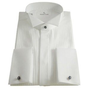 Camicia da smoking bianca, pannelli frontali plissettati, bottoni Swarovski, realizzata a mano in Italia