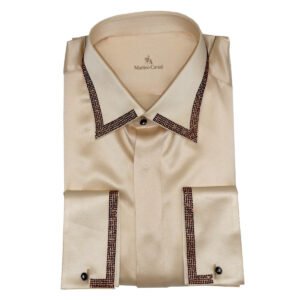 Camicia in seta champagne con profili in cristalli Swarovski, realizzata a mano in Italia
