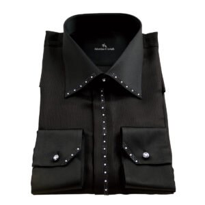 Camicia in seta nera con profili Swarovski bianchi e neri, realizzata a mano in Italia
